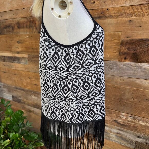 Freeway Black & White Tribal Fringe Tank Top Boho Festival Style sz M - Picture 3 of 13
